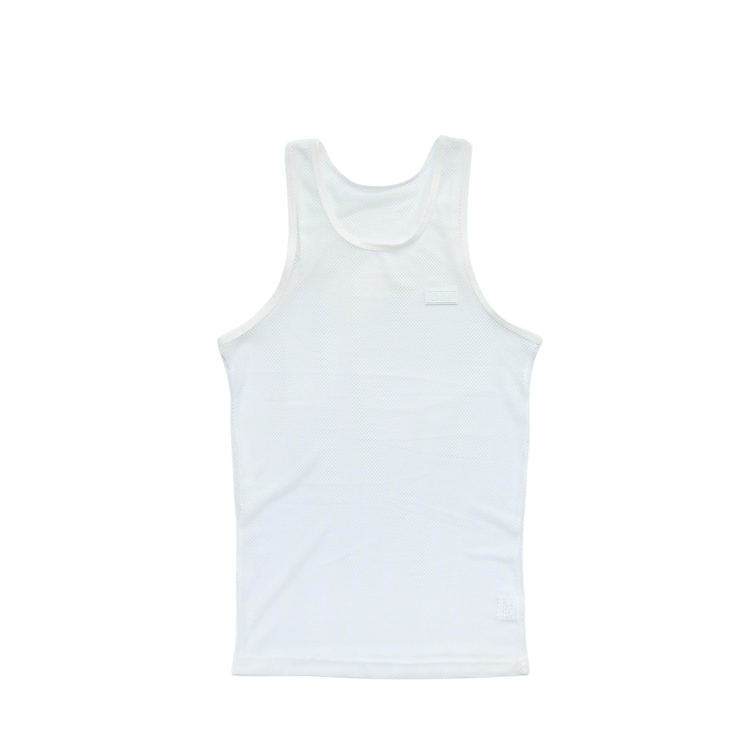 Front view of a white mesh athletic tank top with a scoop neckline