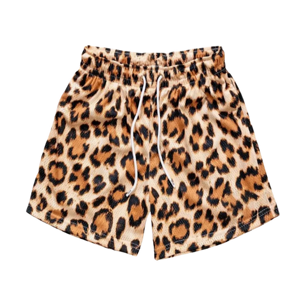 Front view of leopard-print shorts with an elastic waist and white drawstring