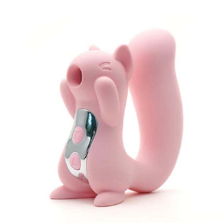 Pink squirrel-shaped sucking vibrator with a looped tail and chrome control panel