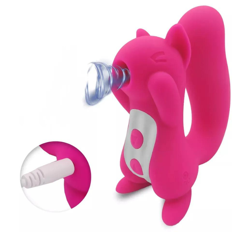 Pink squirrel-shaped sucking vibrator with a clear suction cup and inset view of its attachment