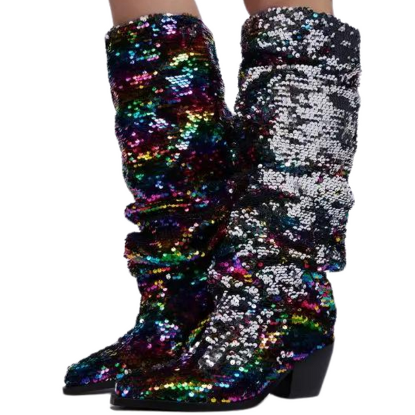 Pair of slouchy black sequin boots with multicolored sparkle and block heels