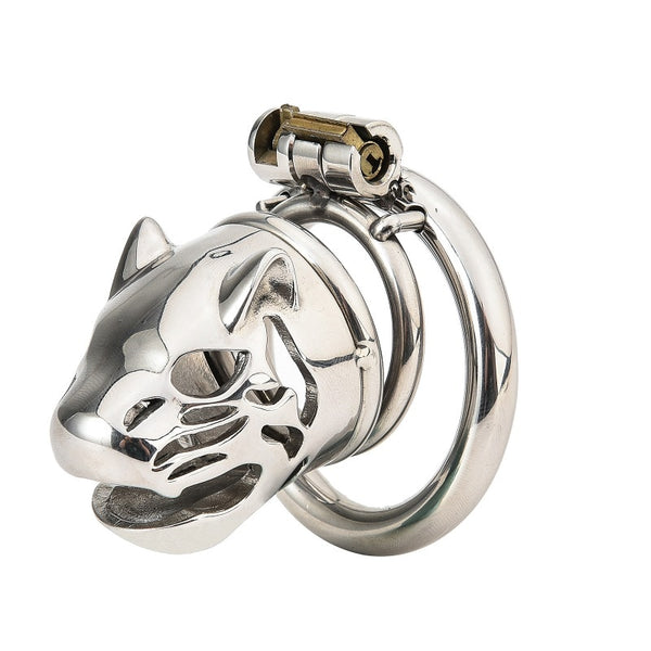 Polished silver lion-head chastity cage with a circular locking ring and top-mounted lock