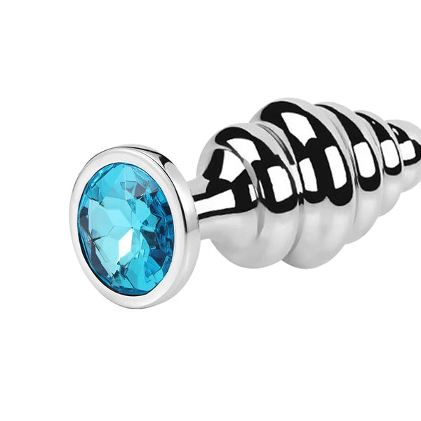 Stainless steel ribbed gay butt plug with a large faceted blue jewel end