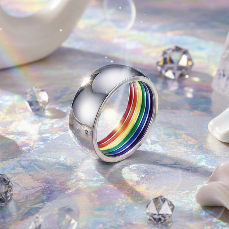 Silver ring with a rainbow-striped inner band displayed on an iridescent surface