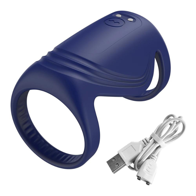 Navy wearable penis ring with contoured band and white USB charging cable