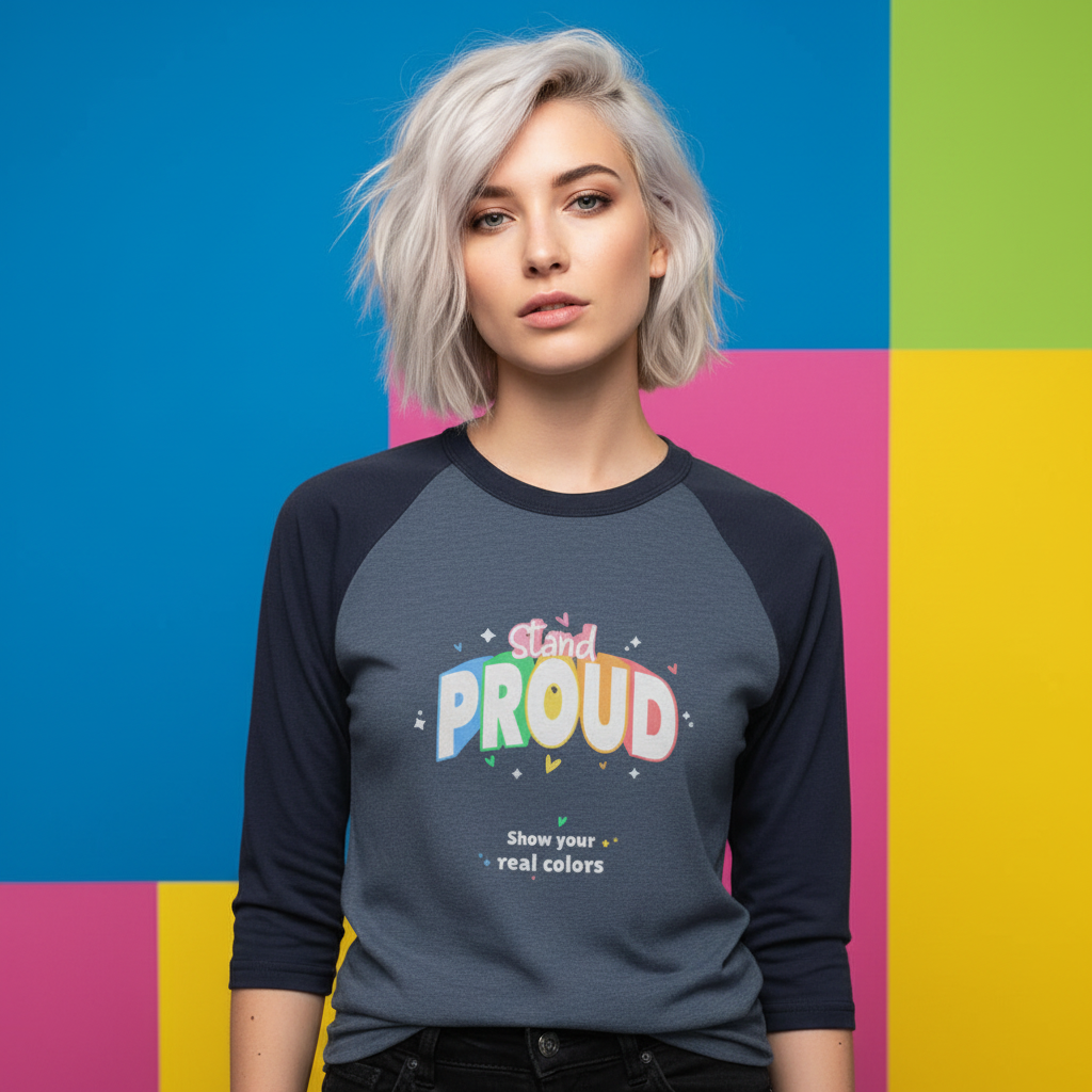 Front-facing model wearing a charcoal-and-navy raglan shirt reading “Stand PROUD” and “Show your real colors.”