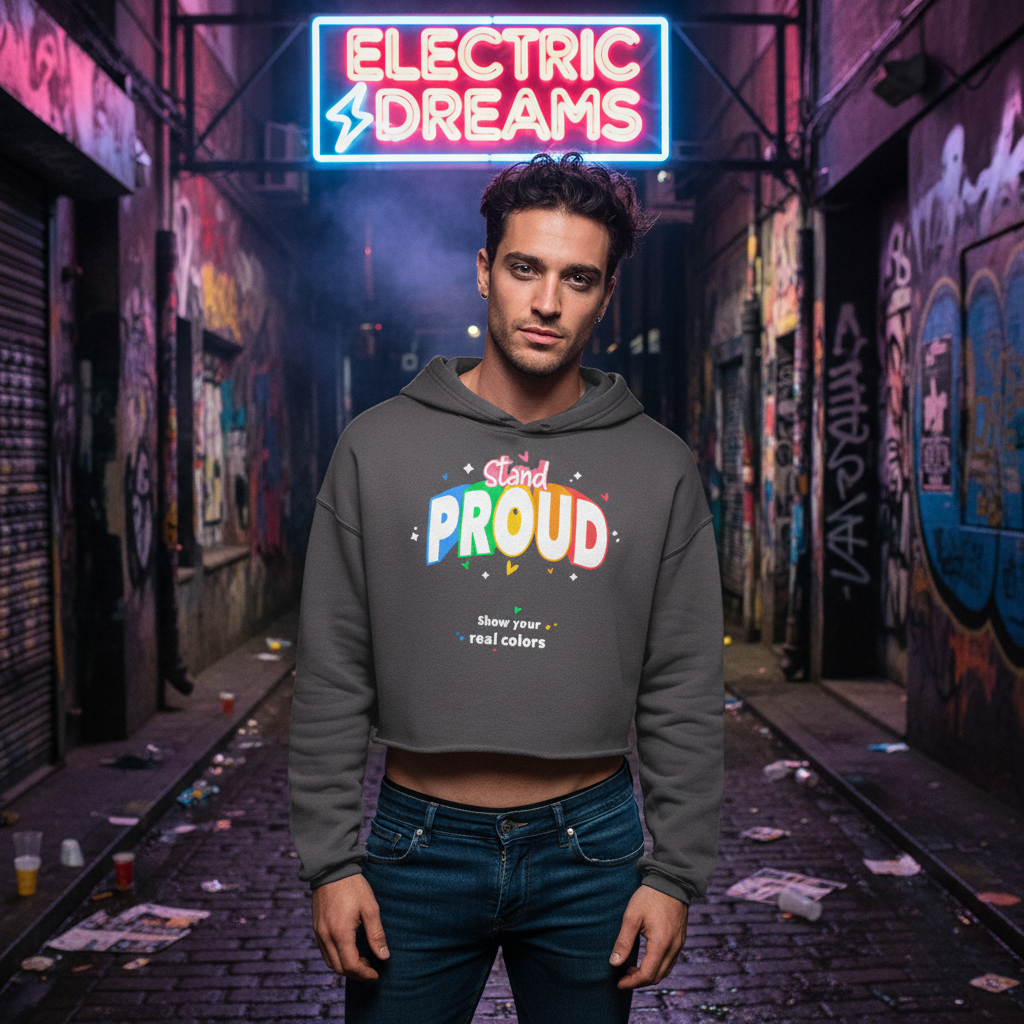 Stand Proud Crop Hoodie in bold colors with "Stand Proud, show your real colors"