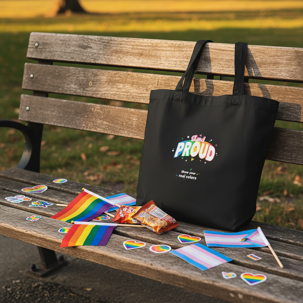 Black tote bag reading “Stand PROUD” on a weathered bench with Pride flags and stickers