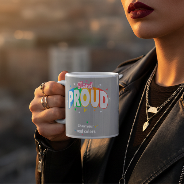 Person in a leather jacket holds a gray mug reading “Stand PROUD” and “Show your real colors.”