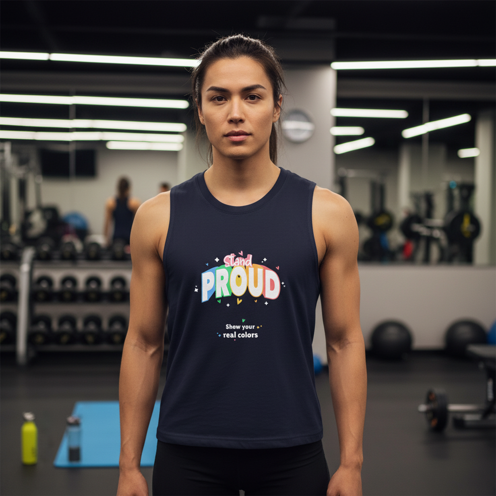 Stand Proud Muscle Top worn by a long-haired person at the gym; mirrors, gear