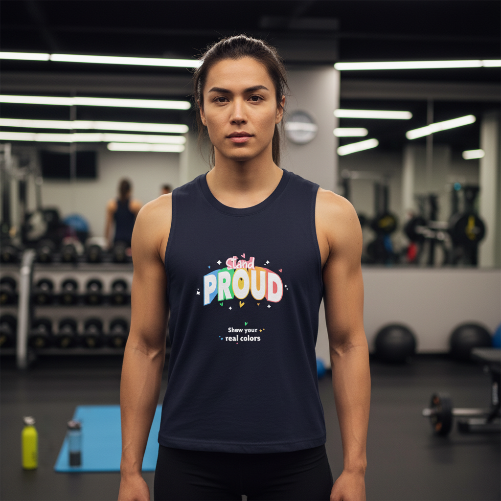 Stand Proud Muscle Top worn by a long-haired person at the gym; mirrors, gear