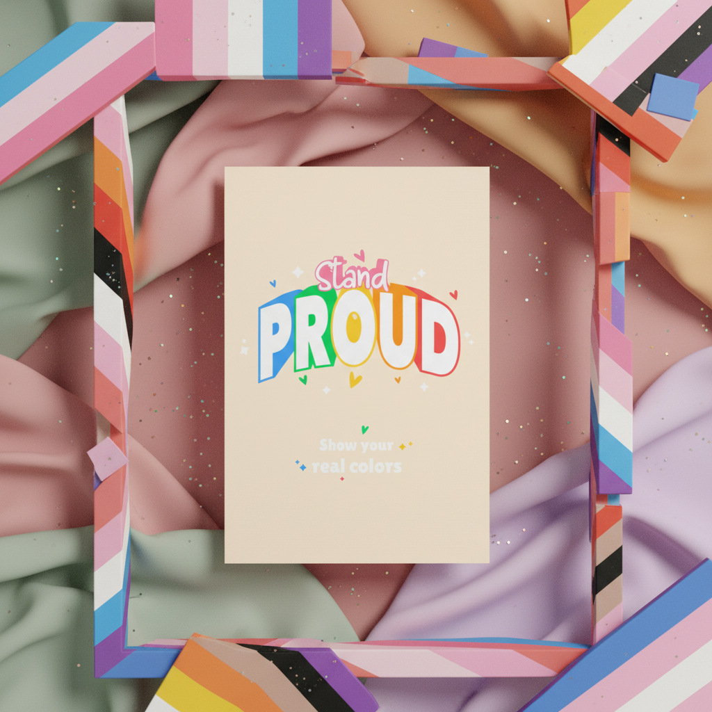 Stand Proud Postcard with "Stand PROUD" in bold rainbow text on pastel fabric, bordered by Pride flag hues