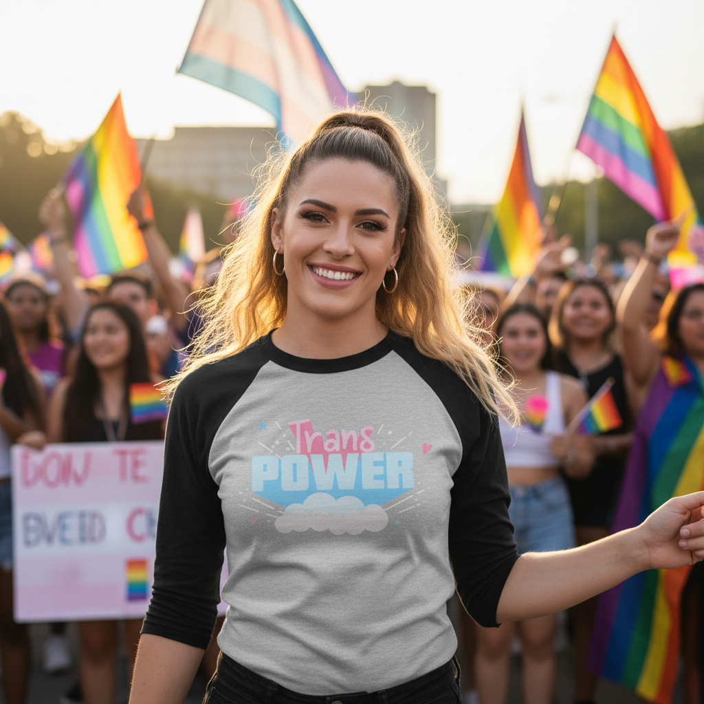 Smiling person in a gray-and-black raglan shirt reading “Trans Power” at a Pride event