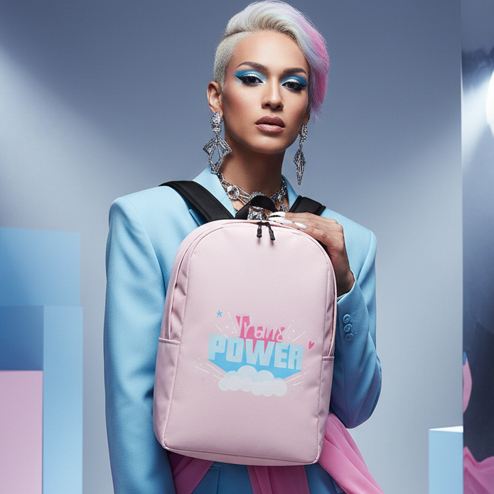 The Stand Proud Trans Power Minimalist Backpack, “True Power” in blue and pink, held by a model in queer pastels and glam.