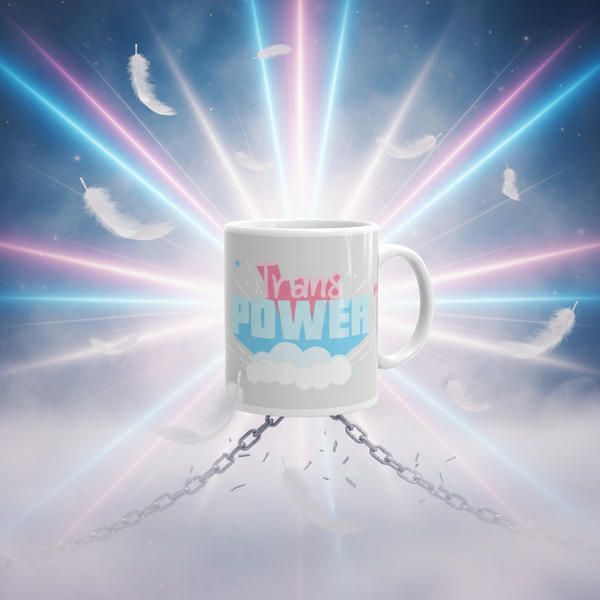 White mug reading “Trans POWER,” floating above a broken chain amid pastel light rays and feathers