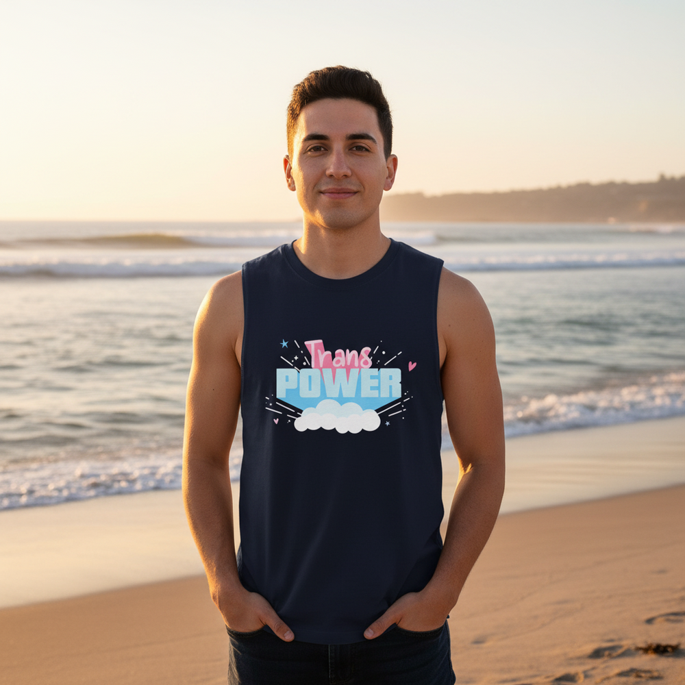 Stand Proud Trans Power Muscle Top—a navy unisex tank with bold "Trans Power" in rainbow colors, stars, and a cloud