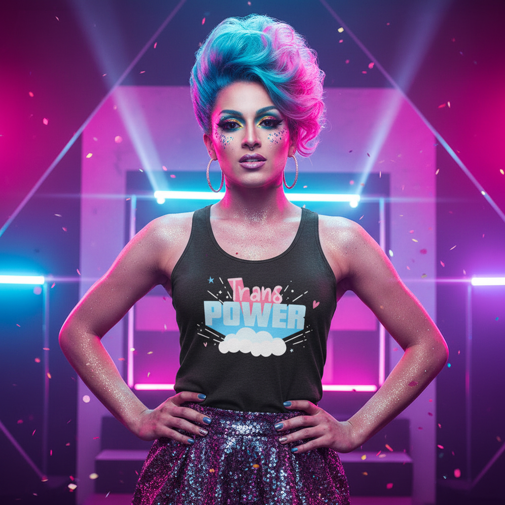 Stand Proud Trans Power Unisex Tank Top on someone with blue and pink hair, sparkly makeup, glittery skirt; neon lights