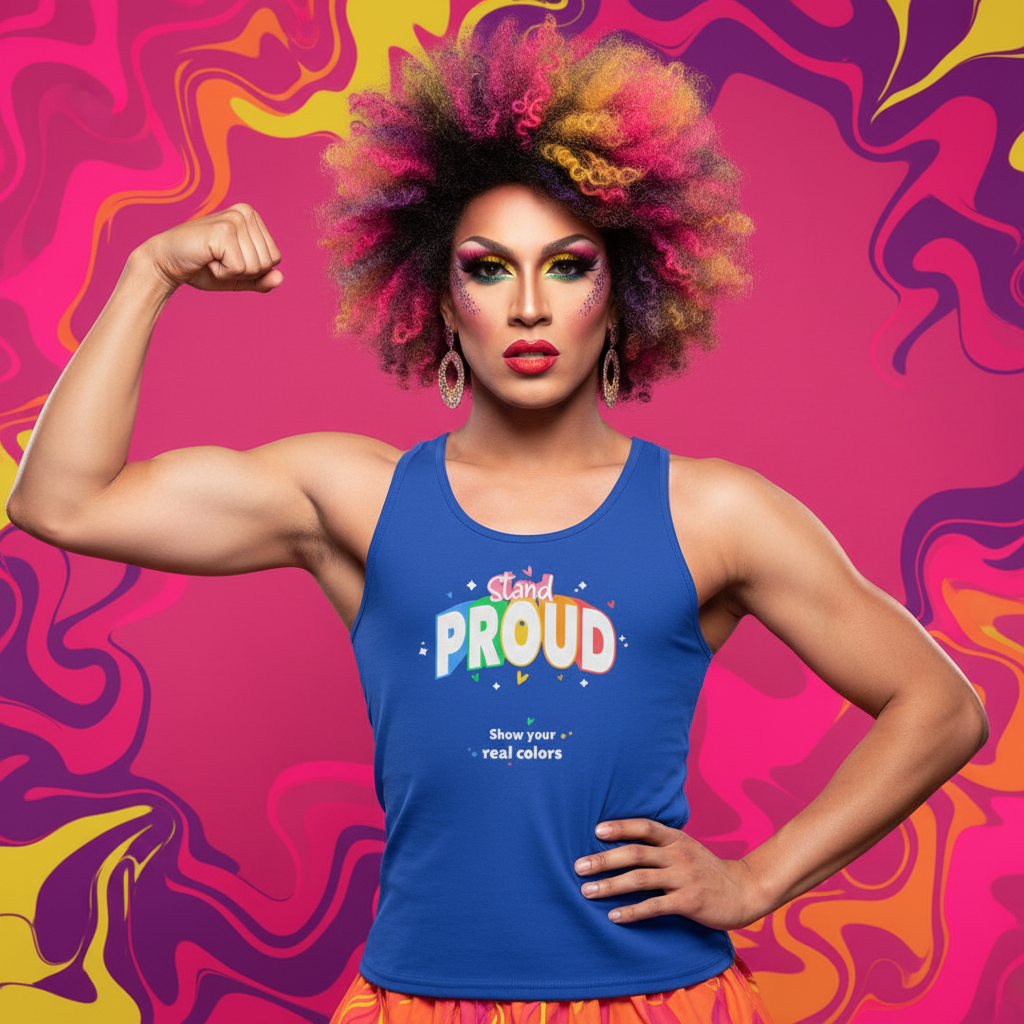 Stand Proud Unisex Tank Top with “Stand Proud, show your real colors.” Worn by person with rainbow curls