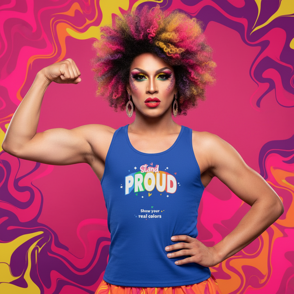 Stand Proud Unisex Tank Top with “Stand Proud, show your real colors.” Worn by person with rainbow curls