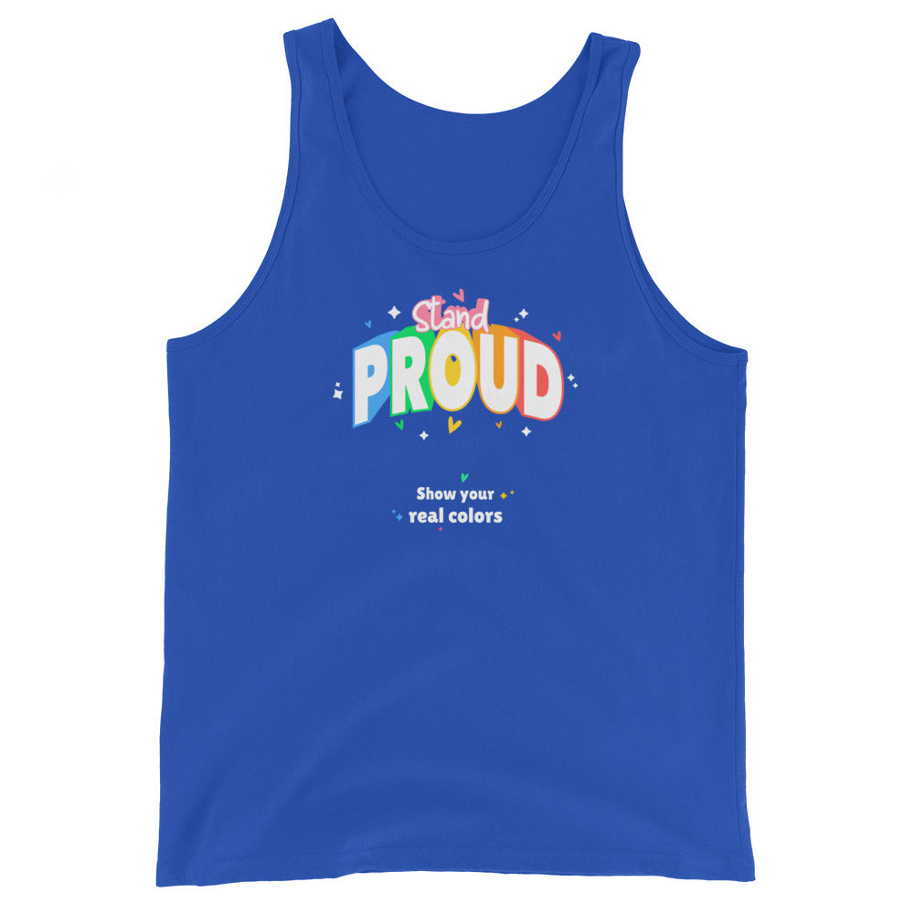 Royal blue unisex tank with “Stand PROUD” in bold, rainbow letters, stars and confetti details