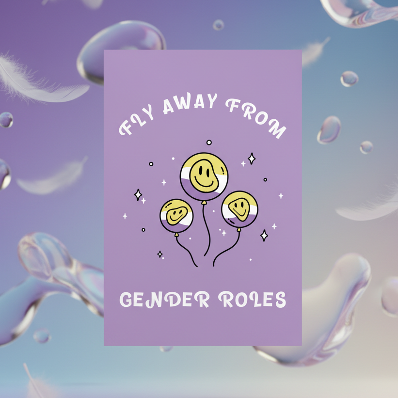 Postcard reading “FLY AWAY FROM GENDER ROLES” with smiling balloon illustrations