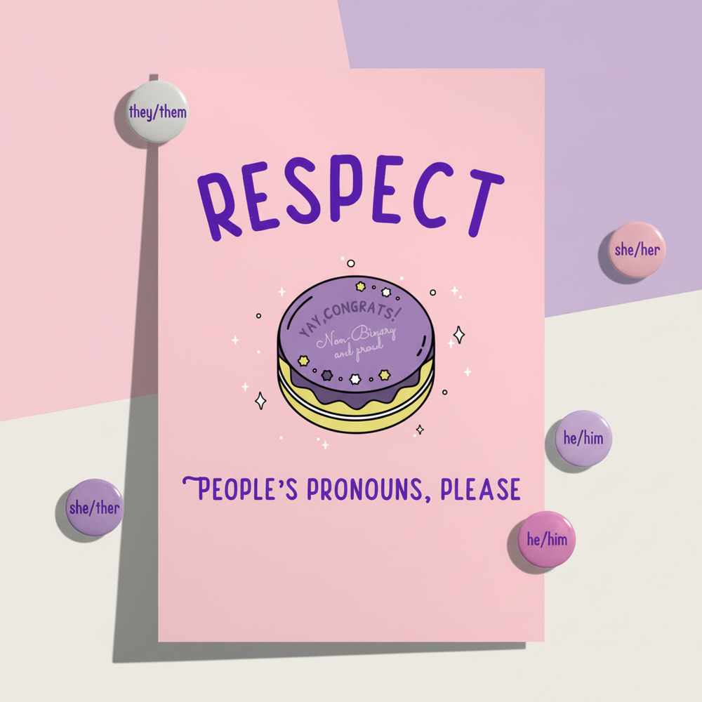 Pink pronoun-respect postcard reading “RESPECT PEOPLE’S PRONOUNS, PLEASE,” with pronoun pins