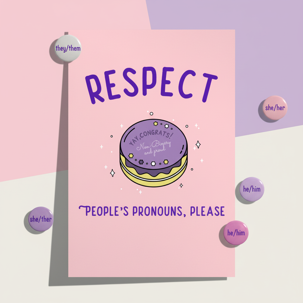 Pink pronoun-respect postcard reading “RESPECT PEOPLE’S PRONOUNS, PLEASE,” with pronoun pins