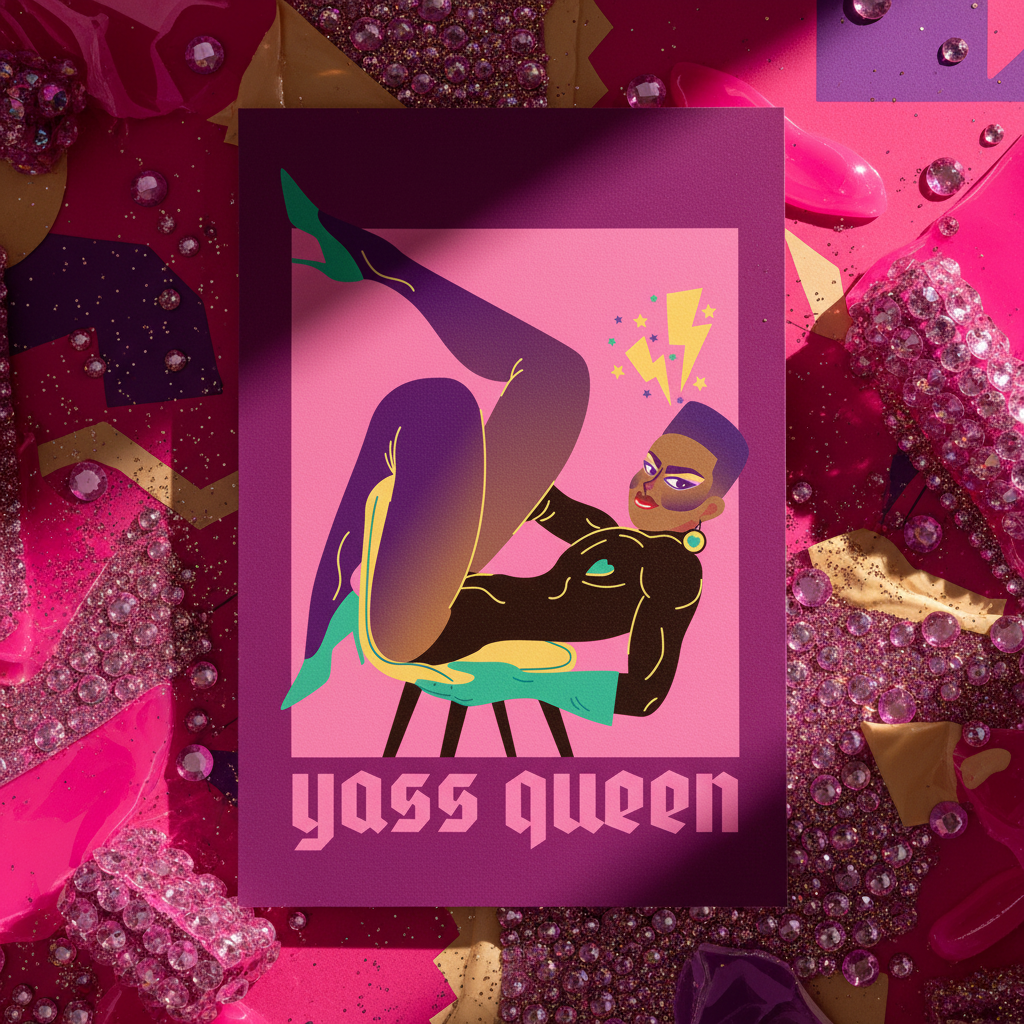 Yasss Queen postcard featuring a glamorous reclining queen illustration in pink and purple