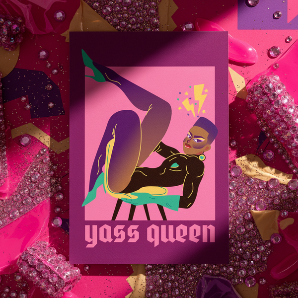 Yasss Queen postcard featuring a glamorous reclining queen illustration in pink and purple