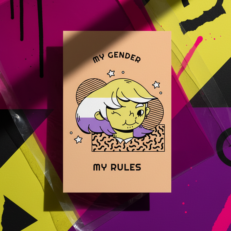 Postcard showing a queer cartoon character with wavy hair in nonbinary flag colors, bold "MY GENDER" above, "MY RULES" below.