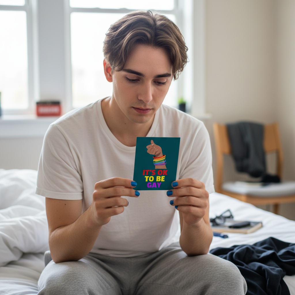 It's Ok To Be Gay Postcard" with rainbow ice cream held by queer youth in white tee, gray pants; bright room, prideful décor.