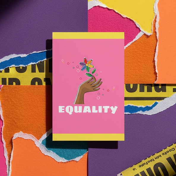 Pink Equality postcard with a hand holding a colorful flower, framed by yellow bands