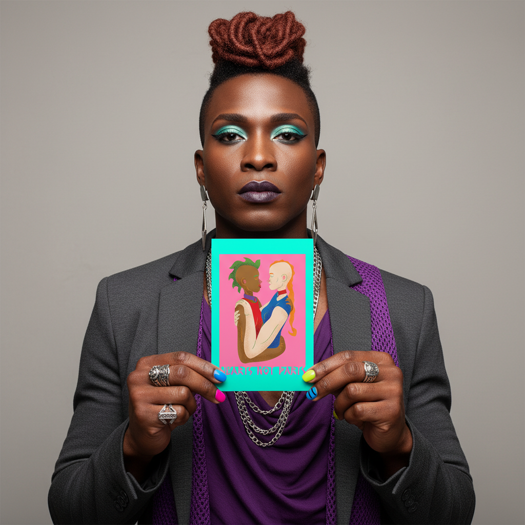Hearts Not Parts Postcard held by a person in a gray blazer with bold makeup; postcard art shows two people embracing.