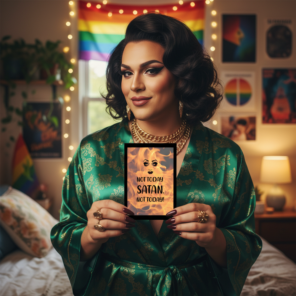 Not Today Satan Postcard" held by a glam person in a green robe, in a cozy pride room with rainbow flags and string lights.