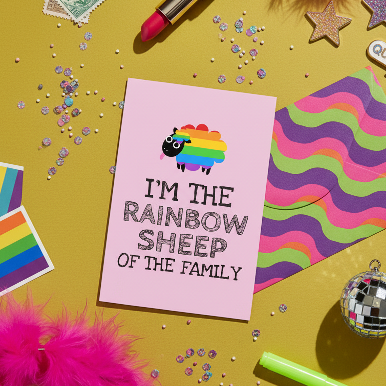 Pink postcard reading “I’M THE RAINBOW SHEEP OF THE FAMILY” with a rainbow sheep illustration