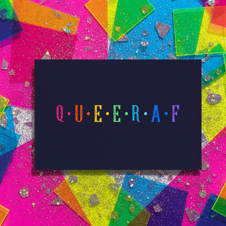 Postcard with a bold black base, “QUEER AF” in rainbow letters, layered on vibrant colored sheets and sparkling glitter.