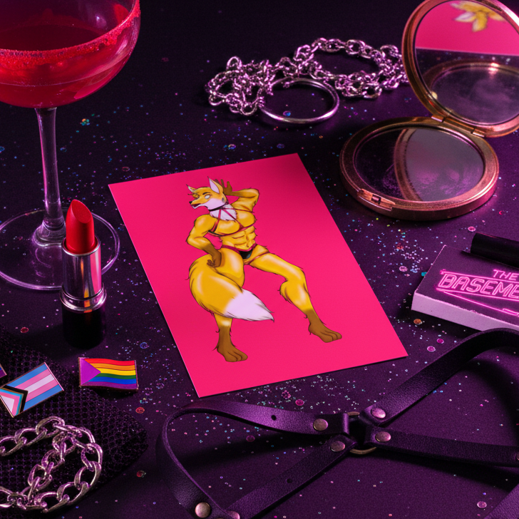 Hot Gay Furry postcard of a muscular pink anthro fox at a sparkly table, with red drink, pride flags, rainbow pins, and "The Basement" matchbox.