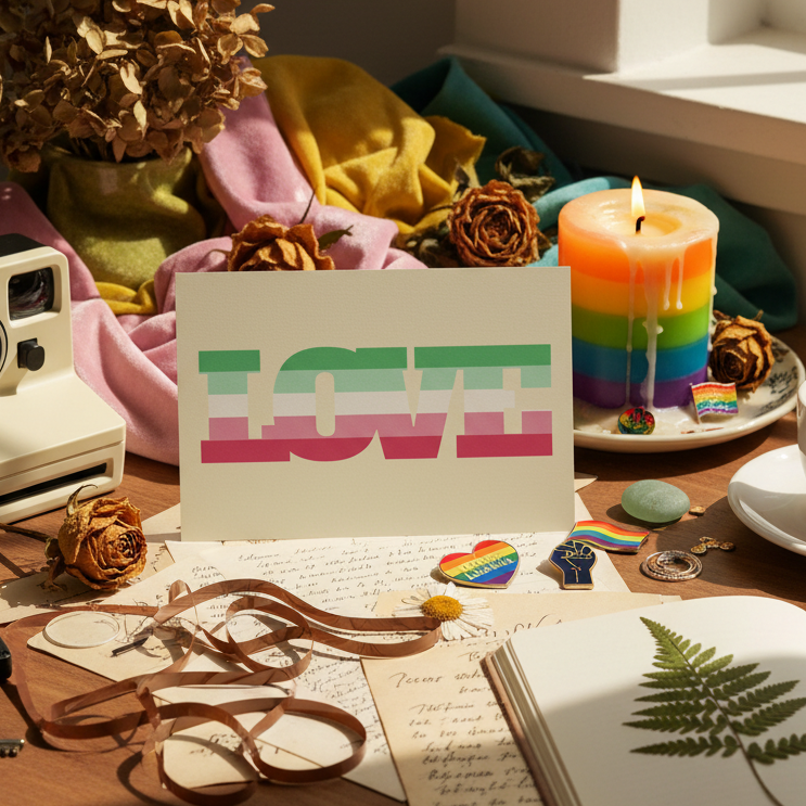 Abrosexual Pride postcard reading “LOVE” in pastel rainbow stripes, on a sunlit desk with queer pins, rainbow candle, dried flowers.