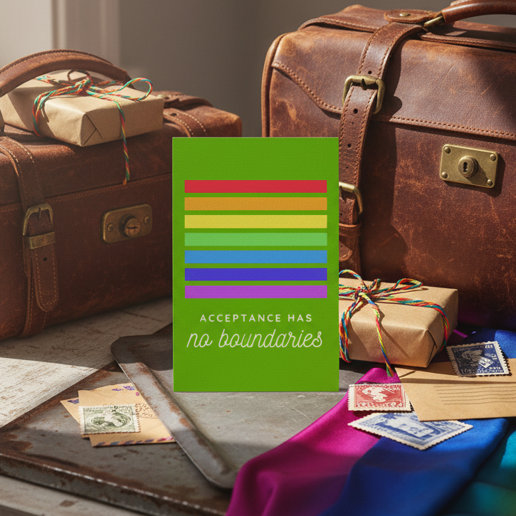 Acceptance Has No Boundaries" postcard—green with rainbow stripes—displayed with retro suitcases, queer gifts, and a pride flag.