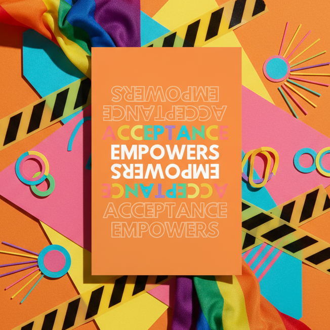 Acceptance Empowers Postcard with bold mirrored text on vivid orange, black stripes, geometric shapes, and rainbow fabric accents.