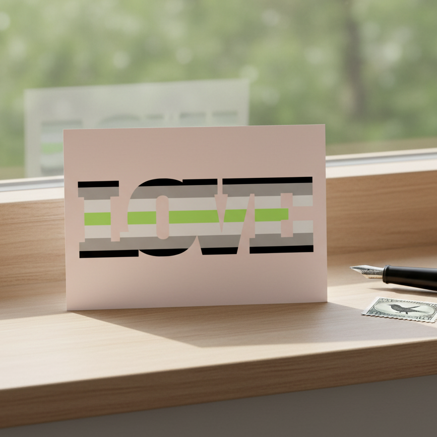 Agender Love postcard with bold “LOVE” in black, white, gray, and green, plus agender flag sticker and pen on windowsill.