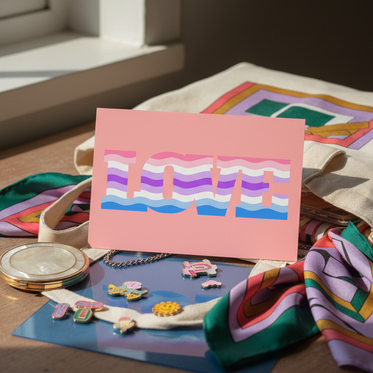 Alternative Genderfluid Love Postcard with bold wavy striped “LOVE” text on a wooden table, surrounded by queer scarves, pins, and necklaces.