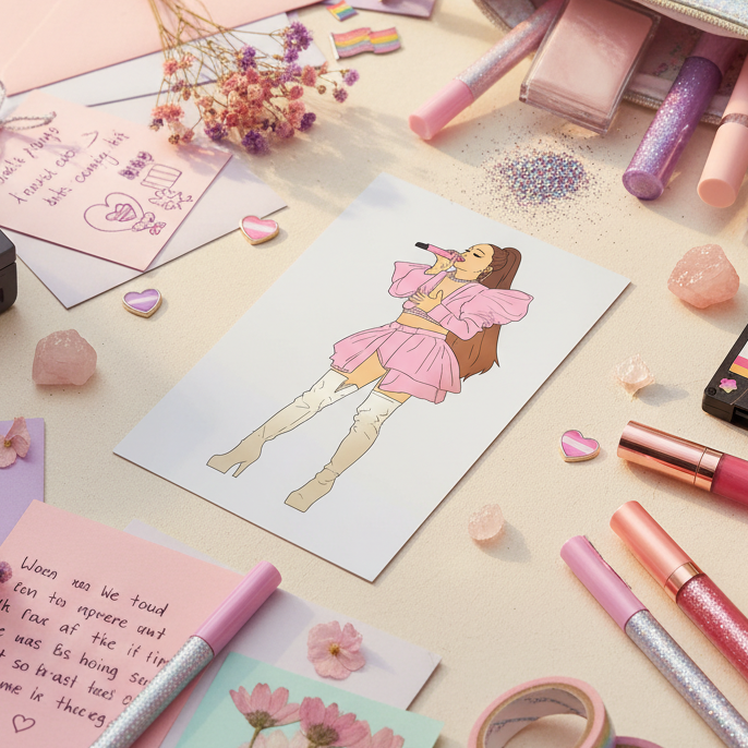Ariana Grande postcard on pastel tabletop with makeup, glitter, crystals, heart stickers; femme singer in pink dress and white boots.