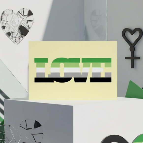 Aromantic Love Postcard with bold “LOVE” letters in aro pride flag colors shown in a queer space with hearts, Venus, and LGBTQ+ stickers.