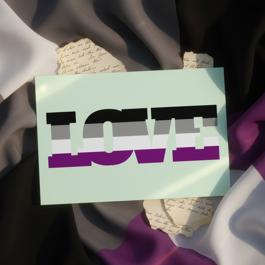 Asexual Love Postcard with bold "LOVE" on ace flag stripes—black, gray, white, purple—set on notes and an asexual pride flag in sunlight.