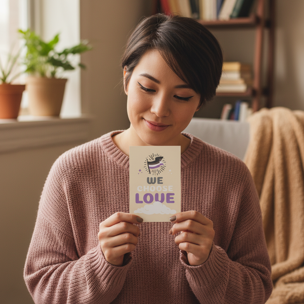 Asexual We Choose Love Postcard held by a queer woman in a pink sweater, cozy room with shelves, plants, and a beige blanket nearby.