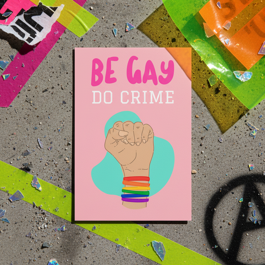Postcard with a loud pink background, “BE GAY DO CRIME” over a fist in rainbow bracelets, shards, neon tape, queer stickers, anarchy symbol.