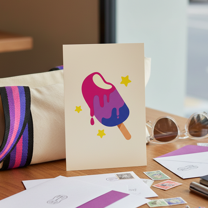 Bisexual Popsicle Postcard with bi flag colors—pink, purple, white—melts with yellow stars, set on wood near stamps and sunglasses.