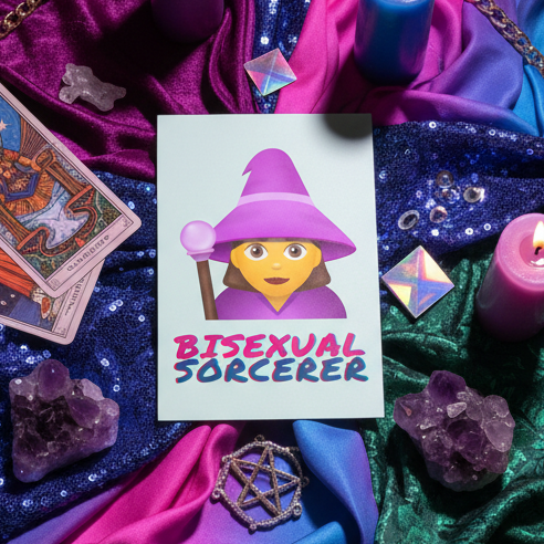 Bisexual Sorcerer Postcard with Tarot cards, crystals, purple candles, pentagram, and vibrant satin for a mystical queer vibe.