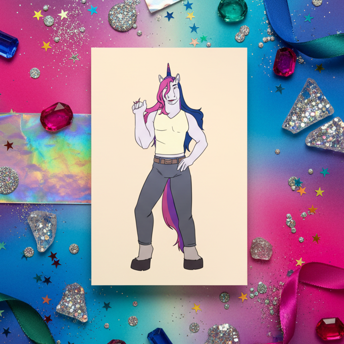 Bisexual Unicorn Postcard with a strong unicorn, pink and blue hair, flexing among gems and ribbons on a glittery backdrop.